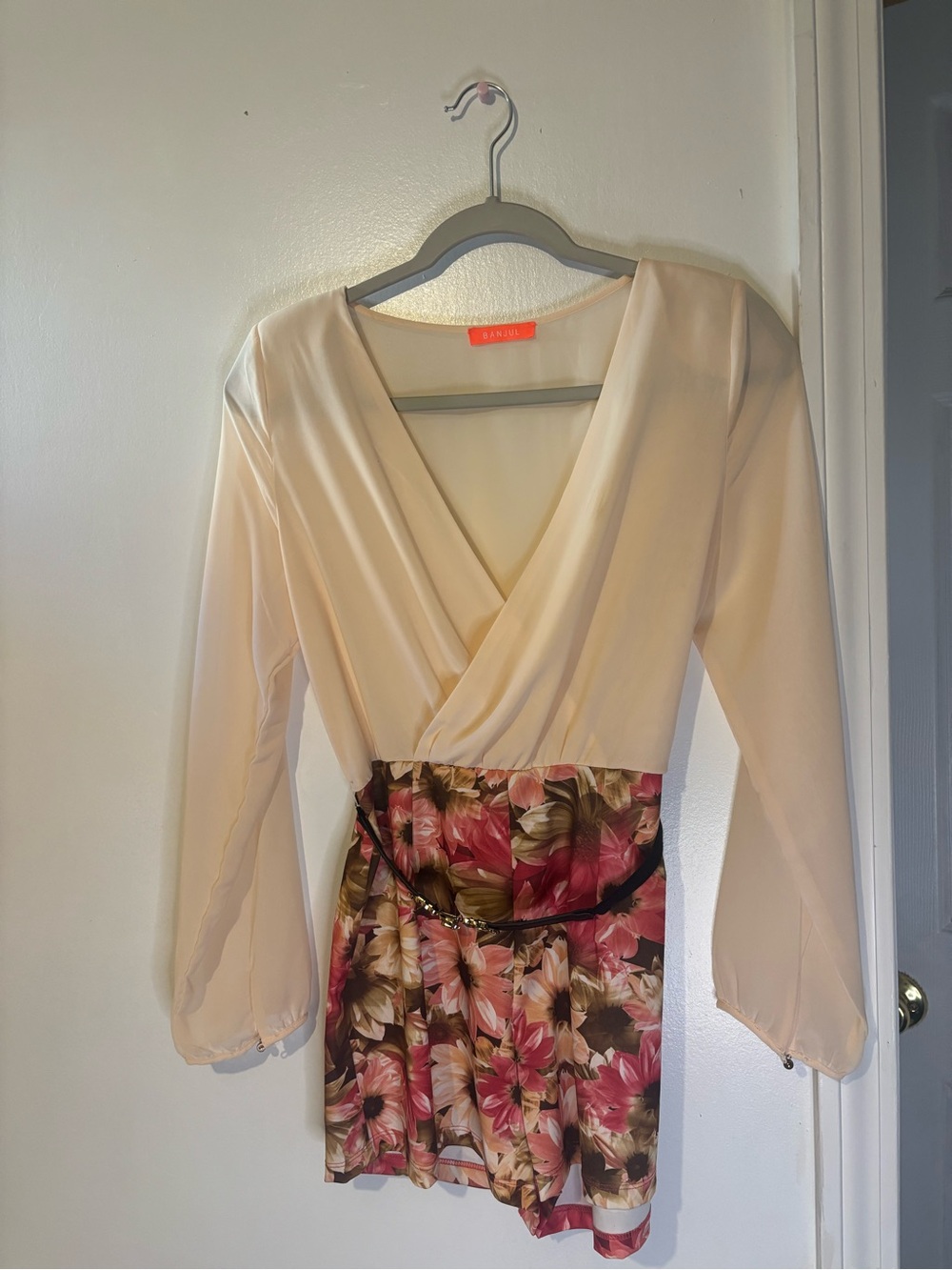 Floral Waist Wrap Romper Dress in Cream and Pink